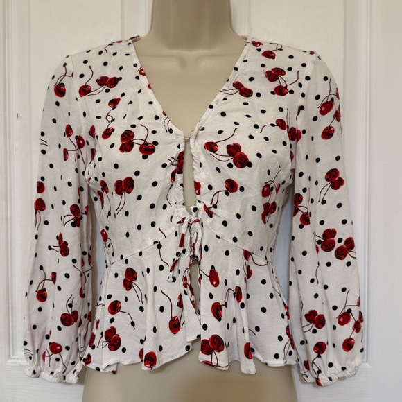 Topshop Cherry Cottagecore Polka Dot Tie-Front Blouse XS (2) - Picture 4 of 7